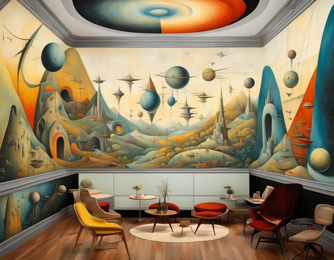 Retro-Futuristic Mural Painting in Art Deco Style