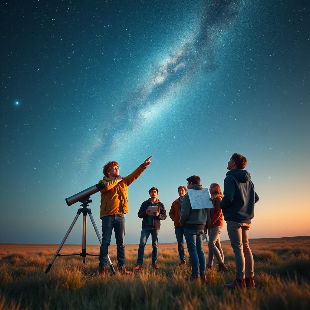 Young Astronomer Explores the Night Sky with Friends in a St...