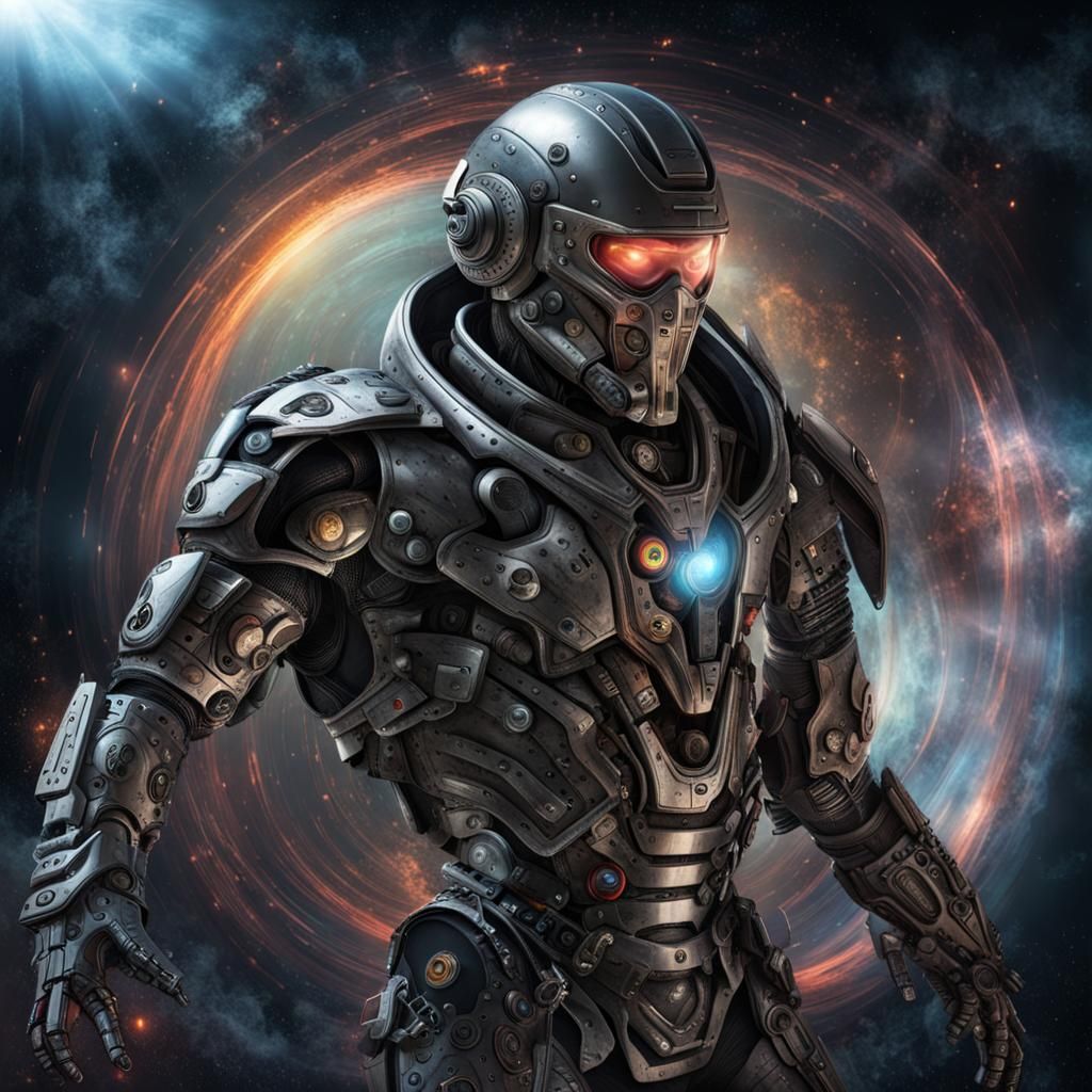 Cyborg Warrior Rides Time Machine in Space