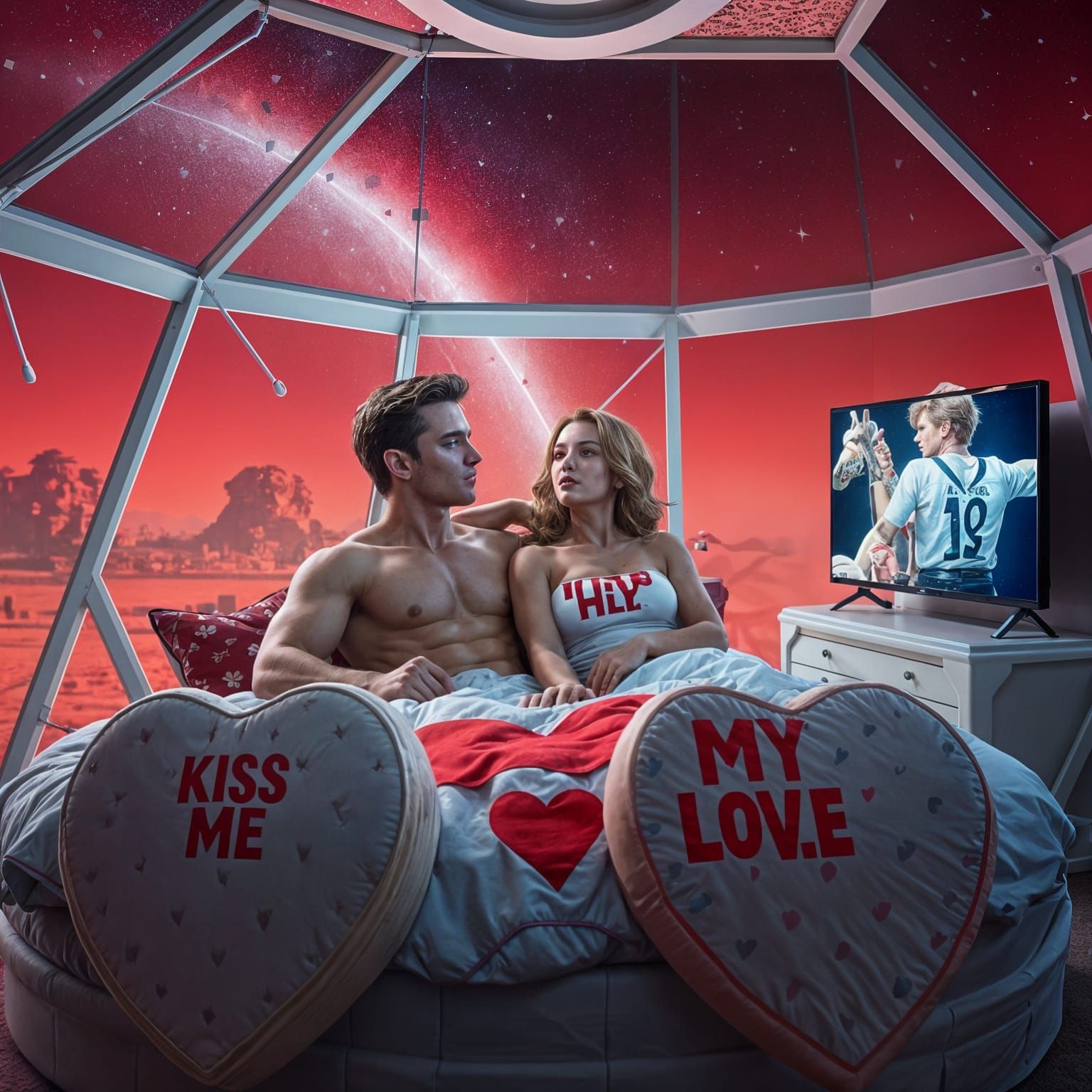 Confident Young Couple in Futuristic Martian Habitat