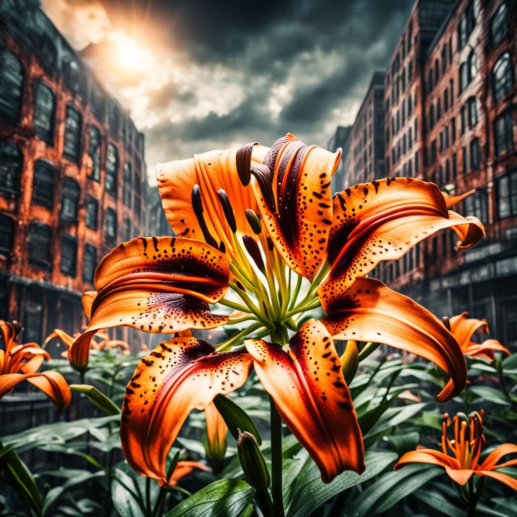 Tiger Lily in Apocalyptic City: Hyperrealistic HDR Image