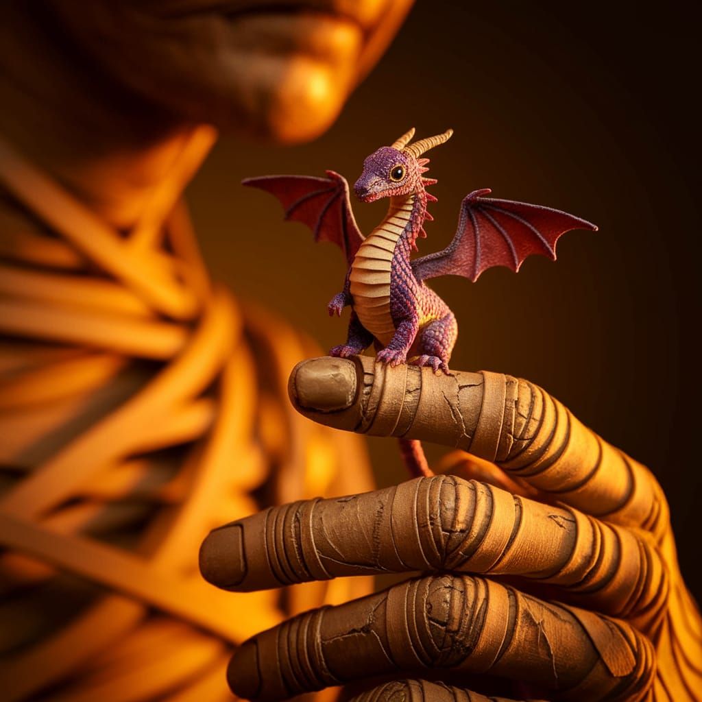 Vibrant Fabric Dragon Adorns Ancient Mummy's Finger