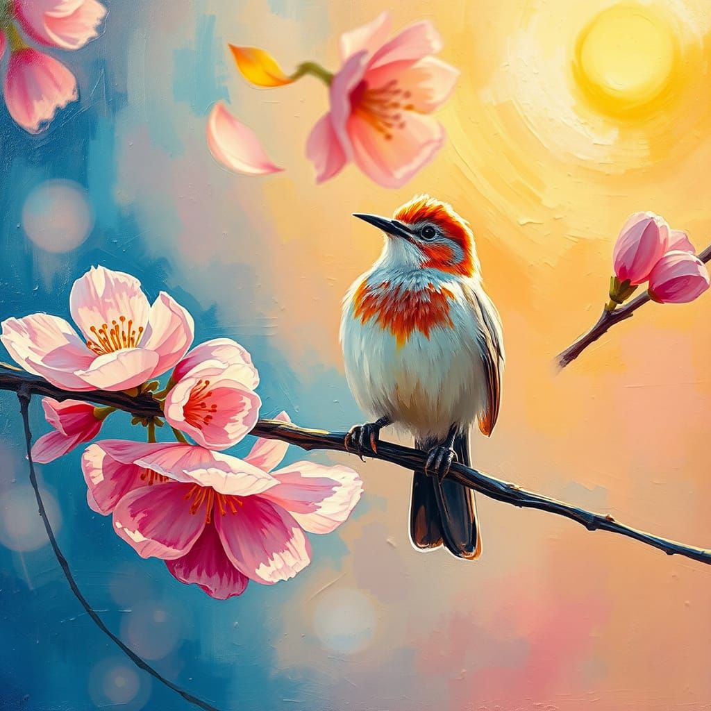 Blossom Bird in Neo-Impressionist Oil Painting