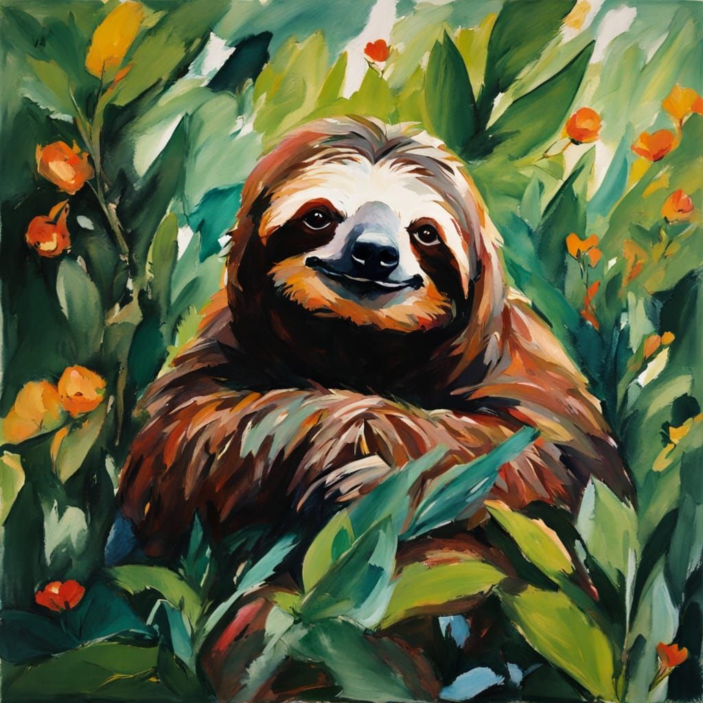 Vibrant Sloth in Tropical Bliss, in Fauvist Style