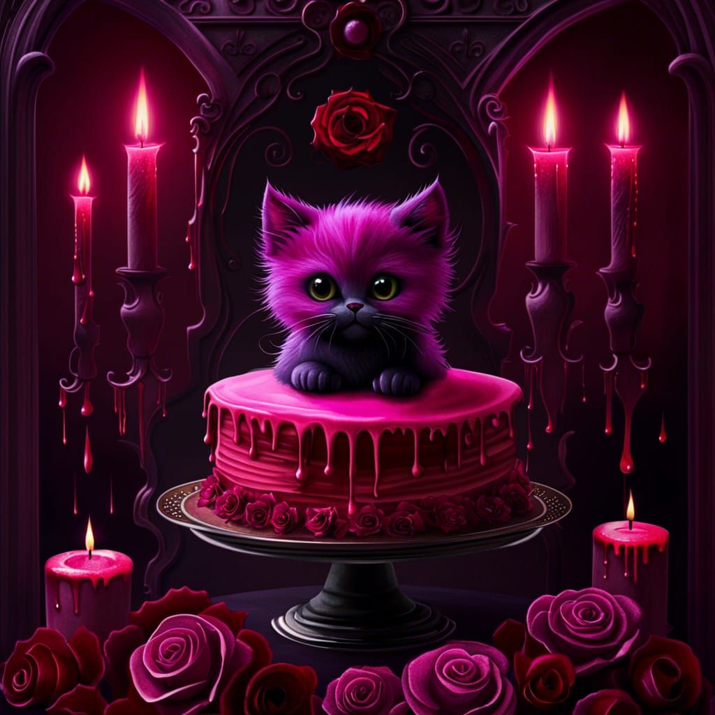 Gothic Cake Topped with a Pink Kitten Chef