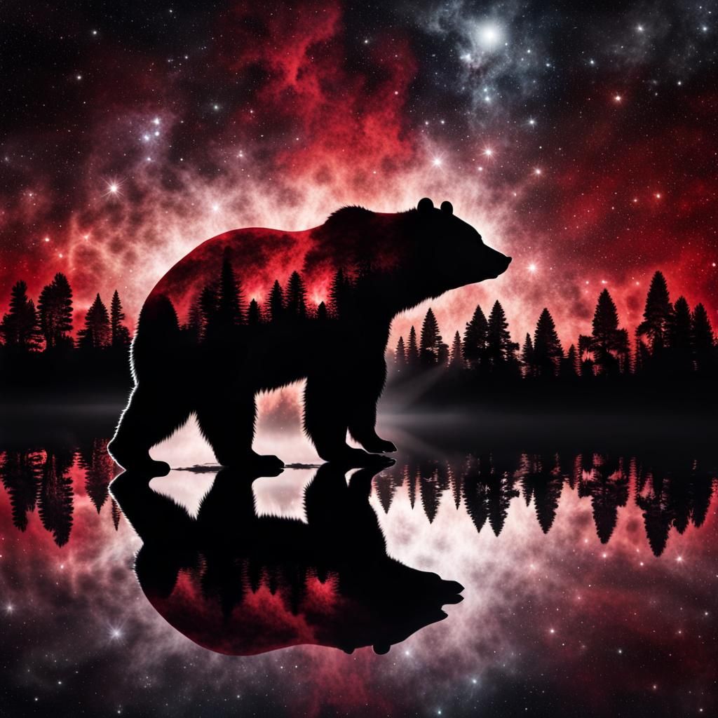 Bear Silhouette with Fractal Nebula Double Exposure