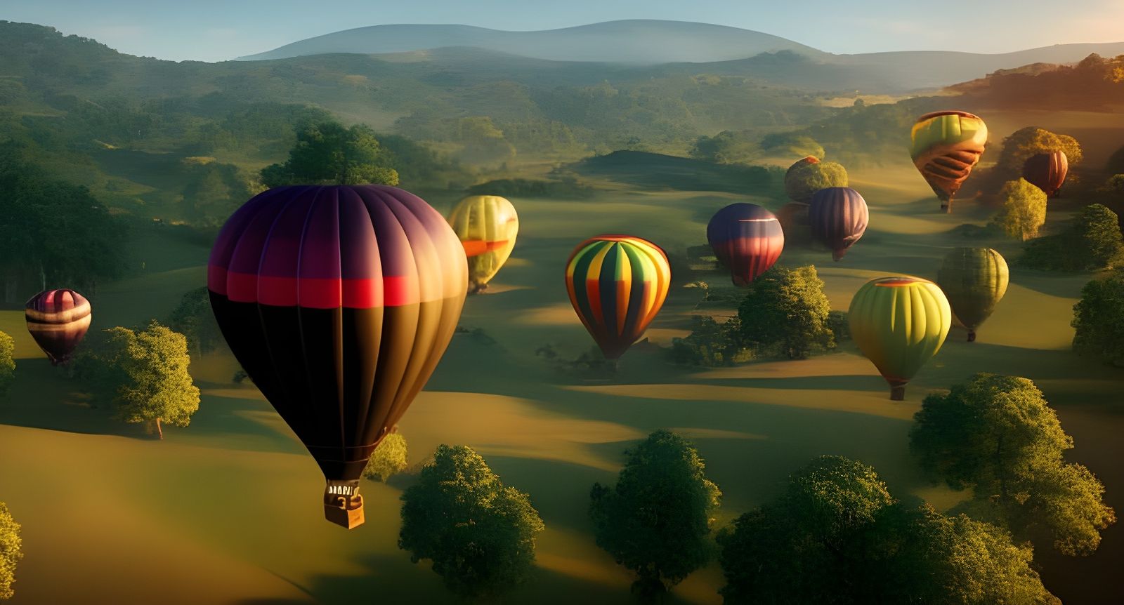 Colorful Hot-Air Balloons Over Hills in Impressionistic Styl...