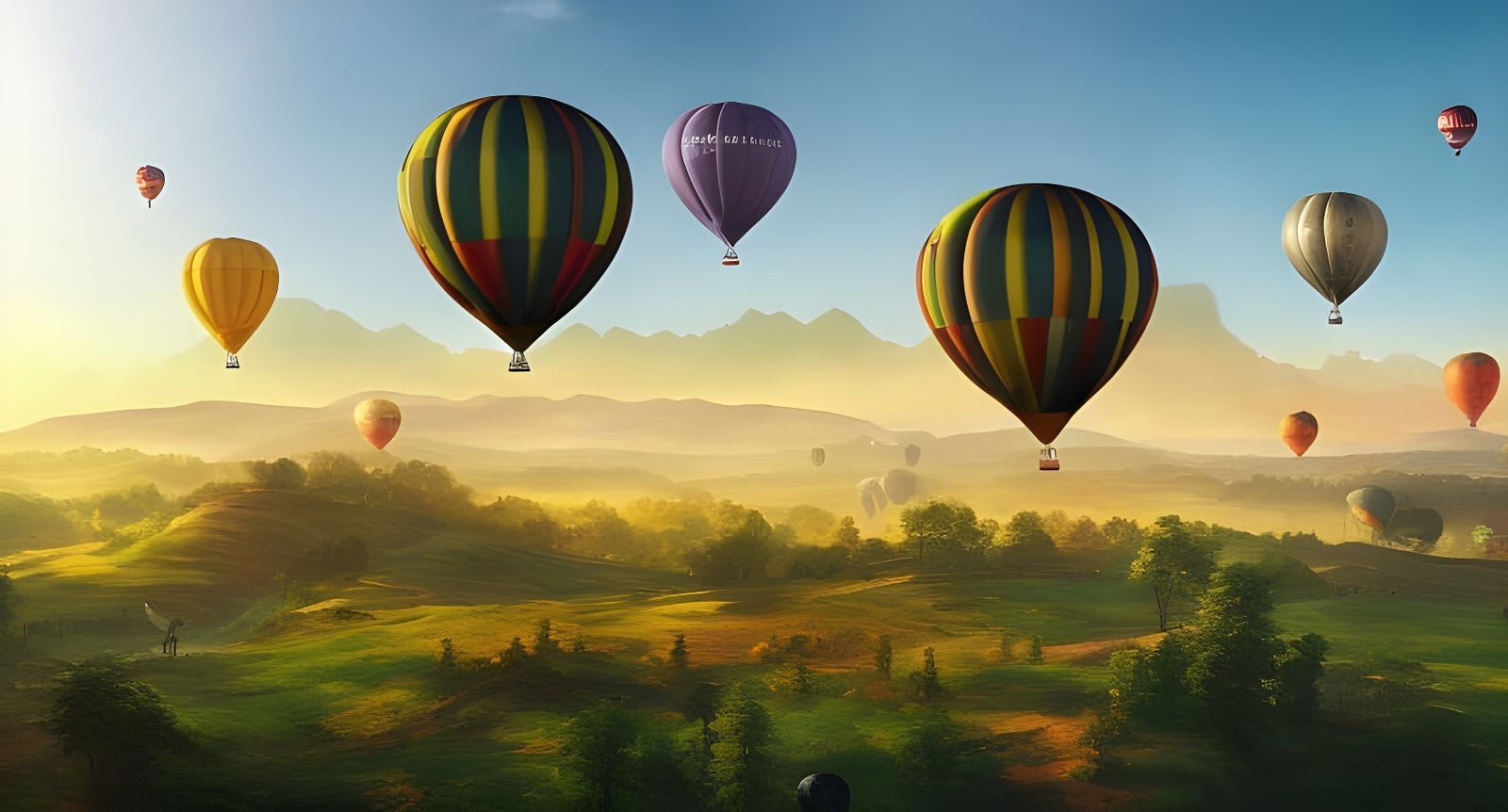 Hot Air Balloons Over Hills in Impressionistic Style
