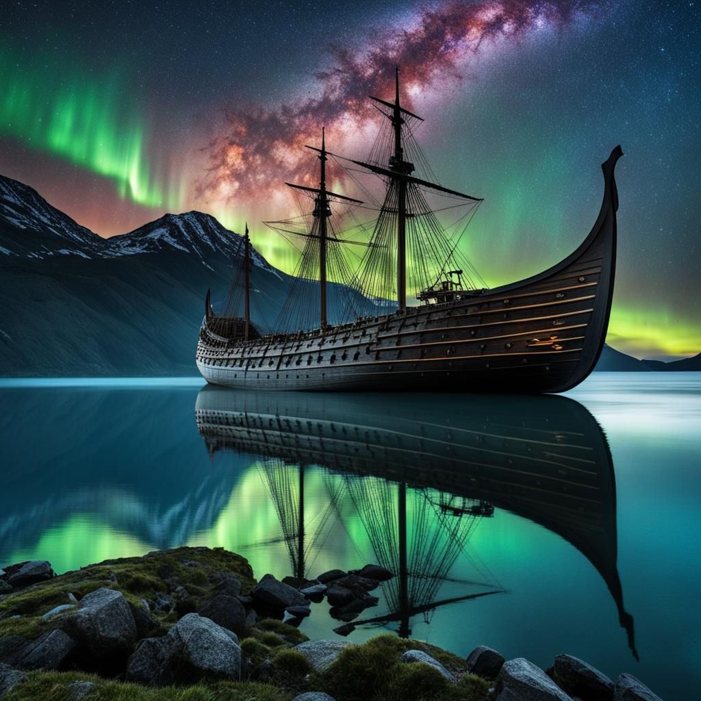 Battle Scarred Viking Warship Under Aurora