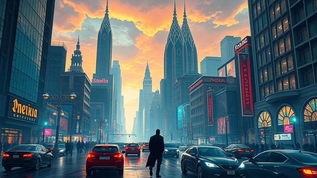 Futuristic Cityscape Chaos: Art Nouveau Skyscrapers