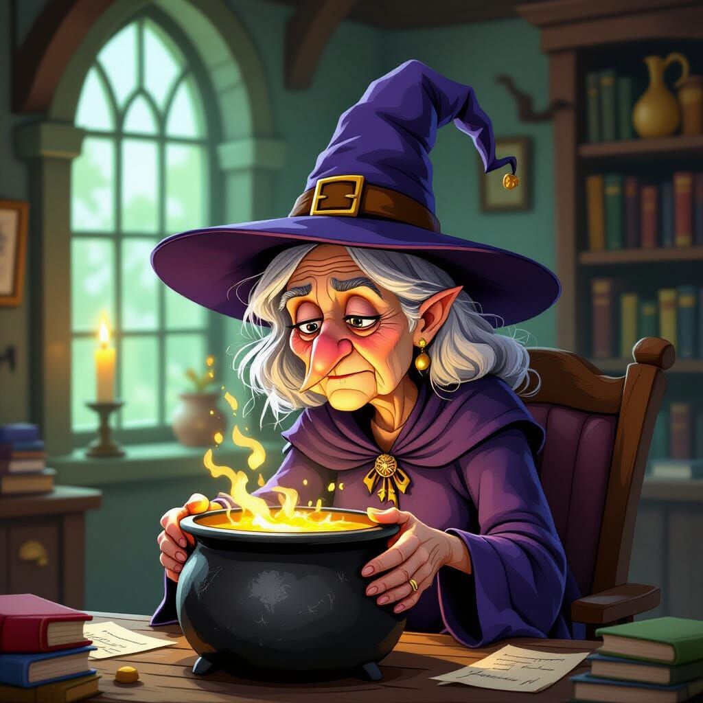 Wizened Witch in Office Gazes Into Cauldron