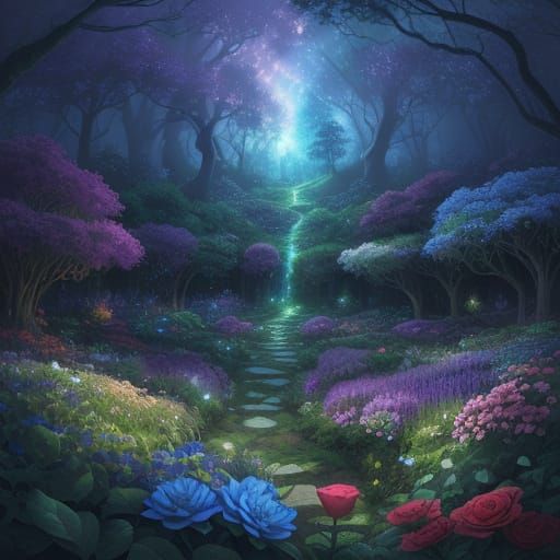 Whimsical Mythical Garden Scene in Vibrant Digital Art