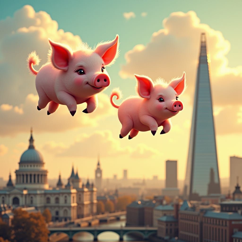 Whimsical Flying Pigs Soar Over London at Sunset