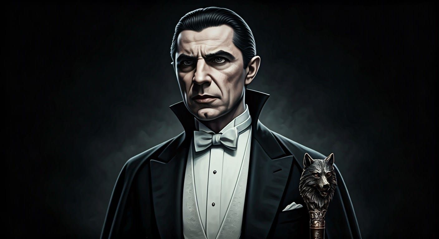 Dracula in his tux with a bronze wolf's head carved walking ...