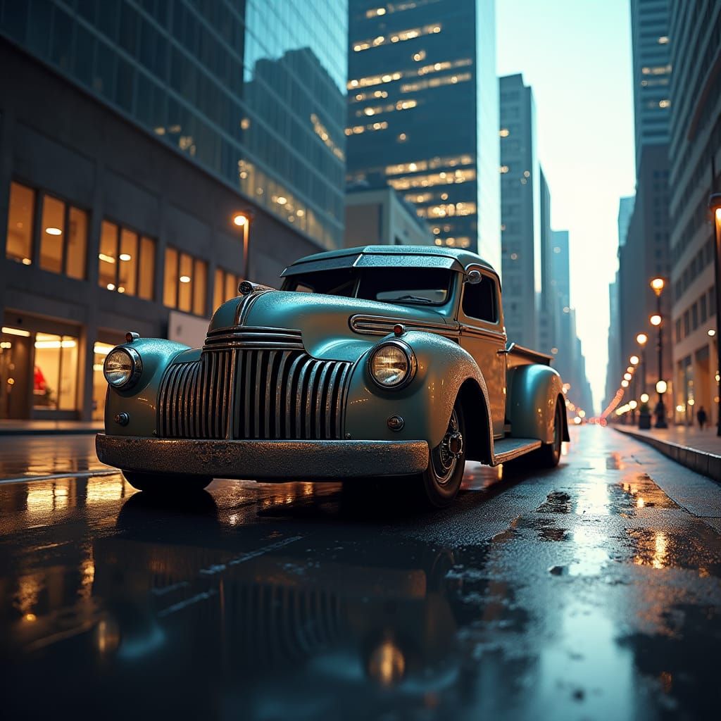 Lowrider Truck Glides Through Metropolis: Cinematic Film Sti...
