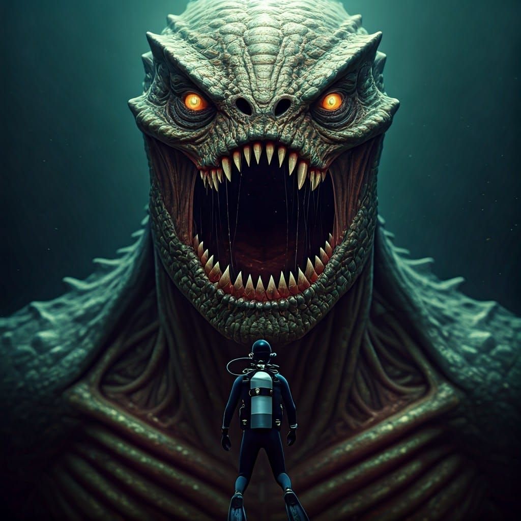 Scuba Diver Confronts Lovecraftian Horror in Giger Style
