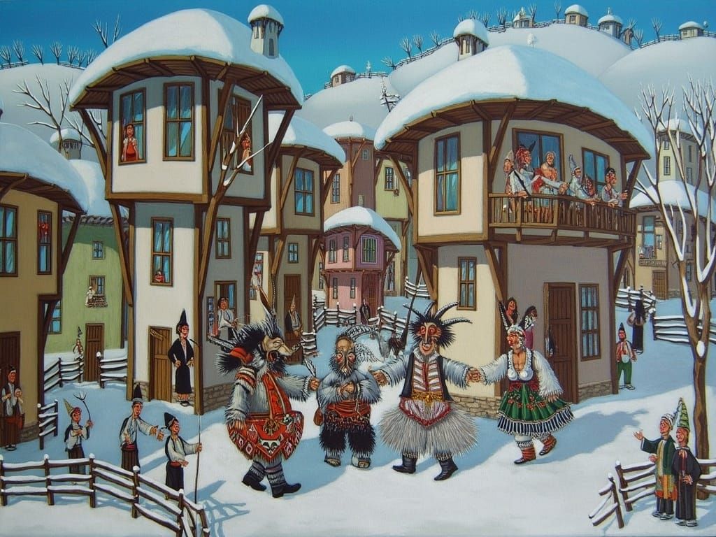 Kukeri Dancing in Winter Village, Folk Art Style