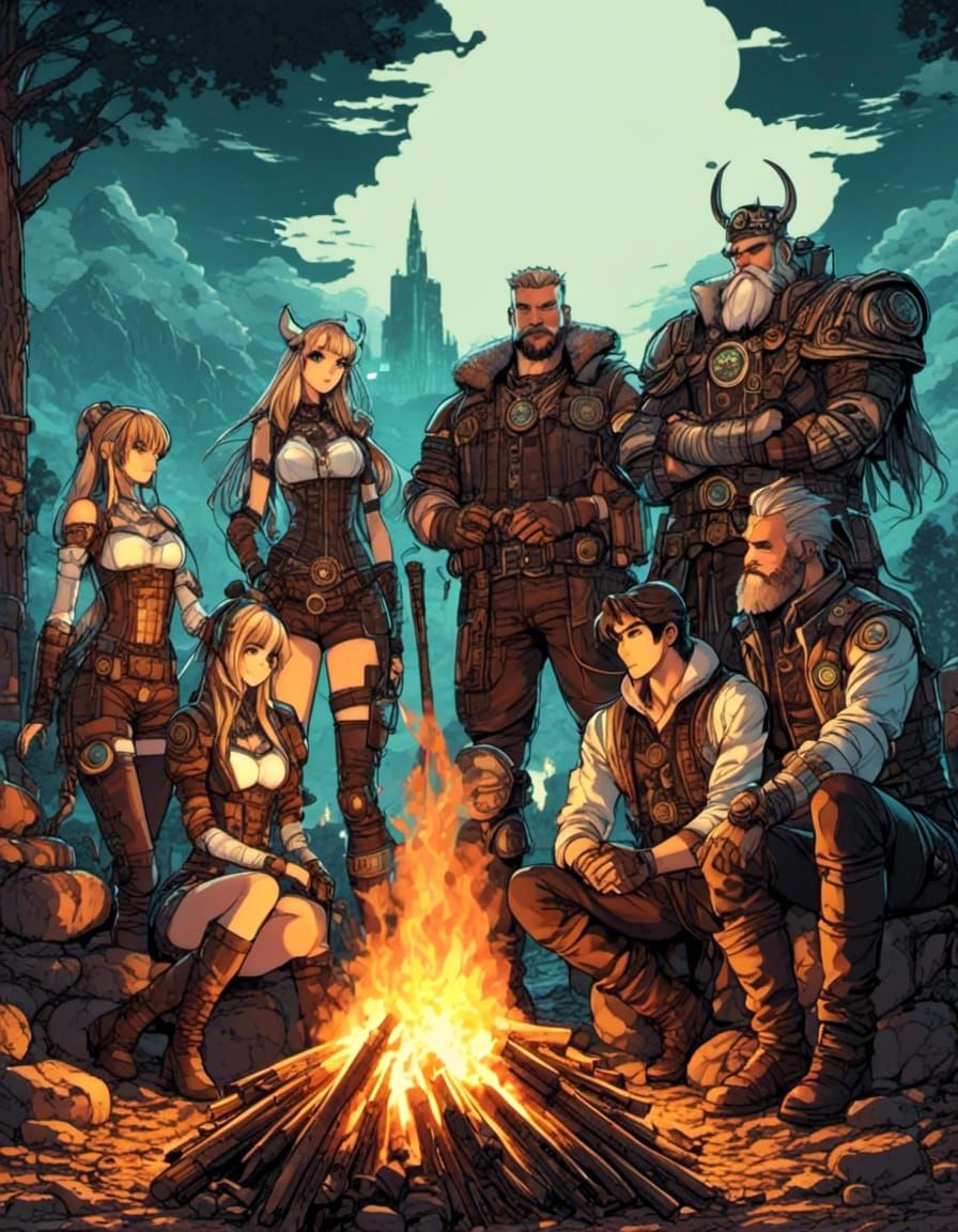 Anime comic Steampunk Vikings standing around large campfire <lora:Murraypunk v2:1.0> <lora:Gridimation:1.0>