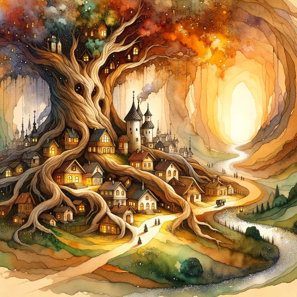 Whimsical Village in Giant Tree Roots, European Folklore Sty...