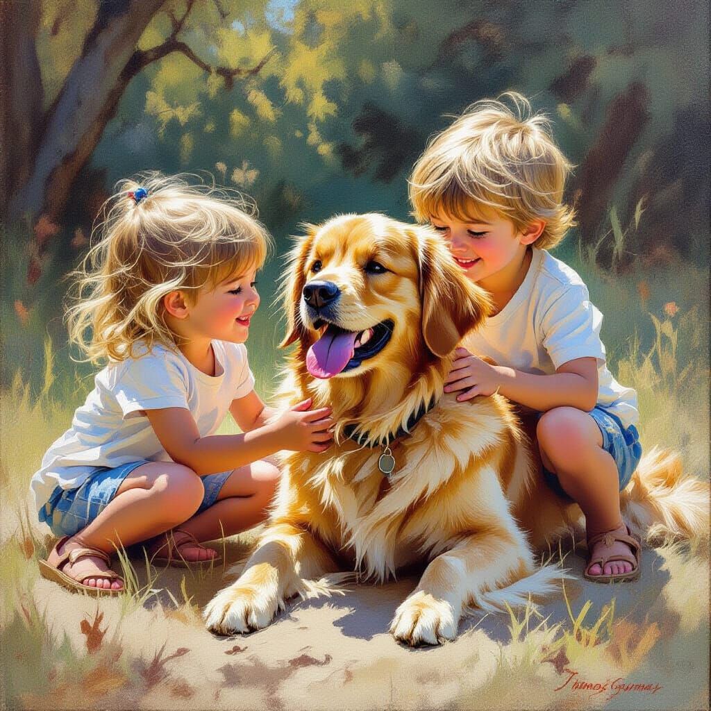 Children Playing with Golden Retriever Oil Painting