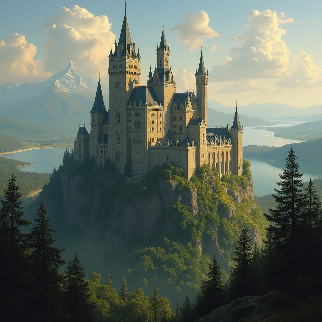 Medieval Castle in Dark Fantasy Landscape