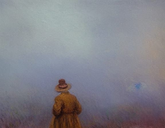 Impressionist Woman in Fog with Bokeh Effect