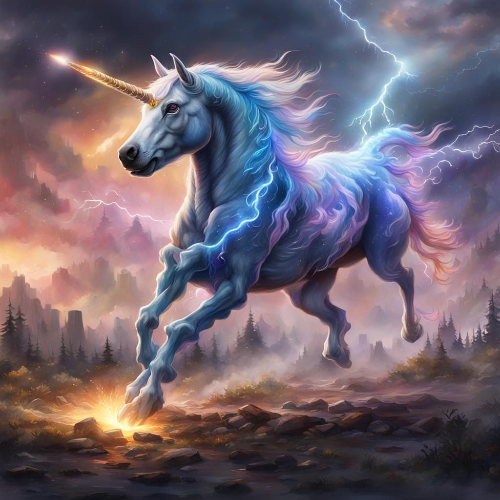 Dog Unicorn Hybrid Fires Lightning, Watercolor Art