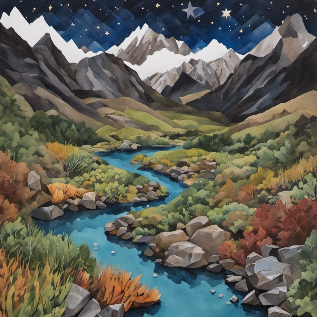 Mountain Valley Landscape in 3D Paper Collage