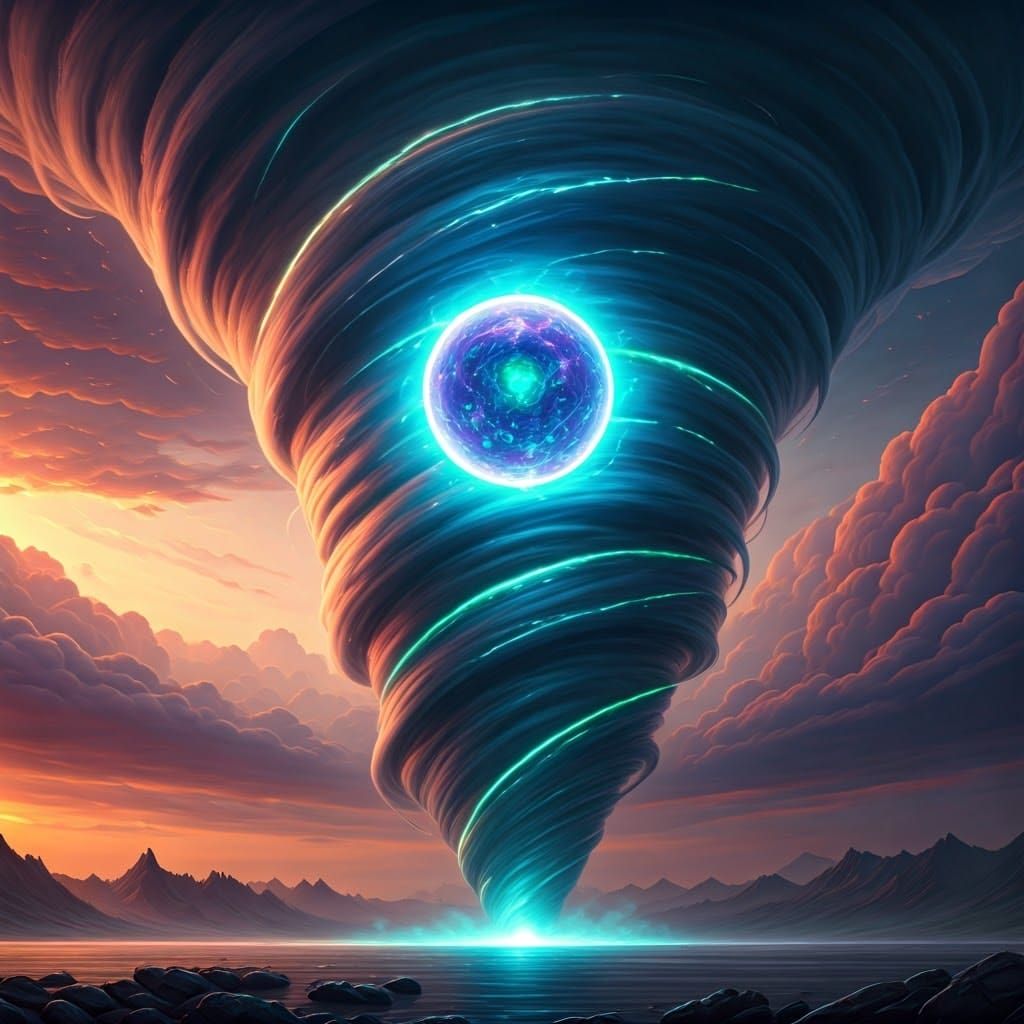 An orb inside a blue tornado.