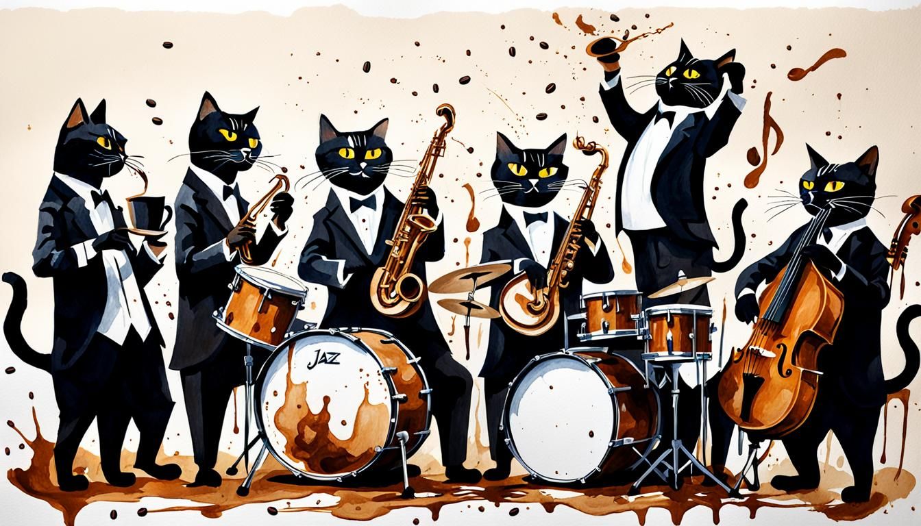 Abstract Cats Jazz Band Painted with Coffee