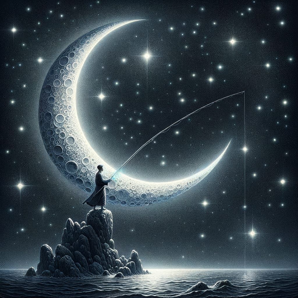 A South Asian Fisherman Under the Glowing Crescent Moon