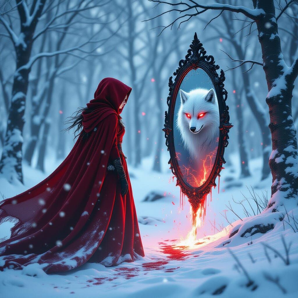 Dark Fantasy Woman in Fiery Red Cloak in Frozen Forest
