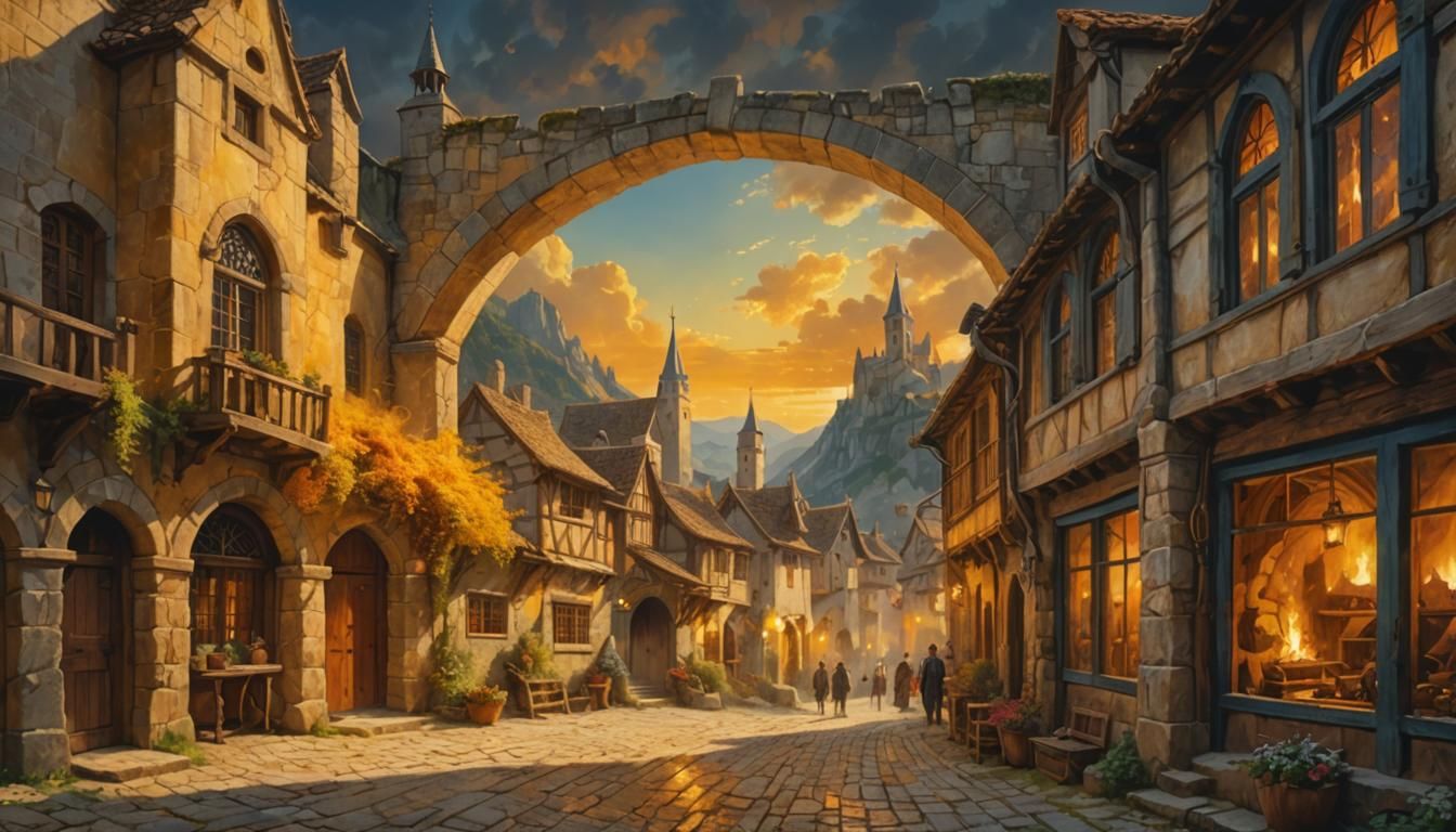 Medieval Village in Mountainous Landscape, Digital Painting