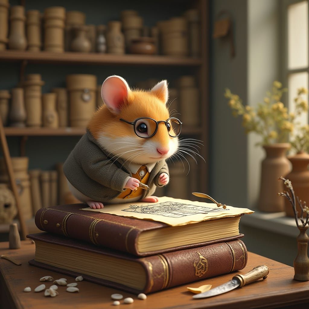 Hamster Architect in Cozy Library, Whimsical Style