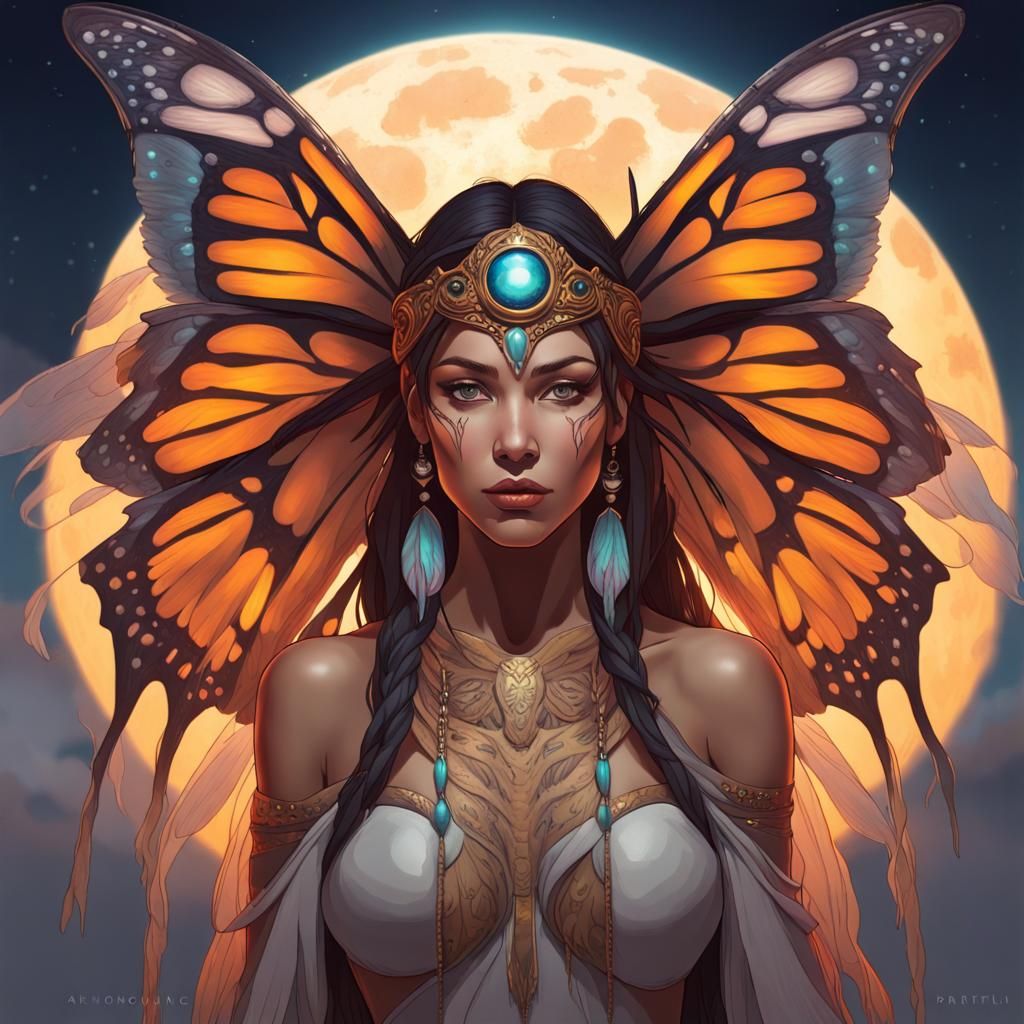Butterfly-Winged Shaman Angel in Moonlight