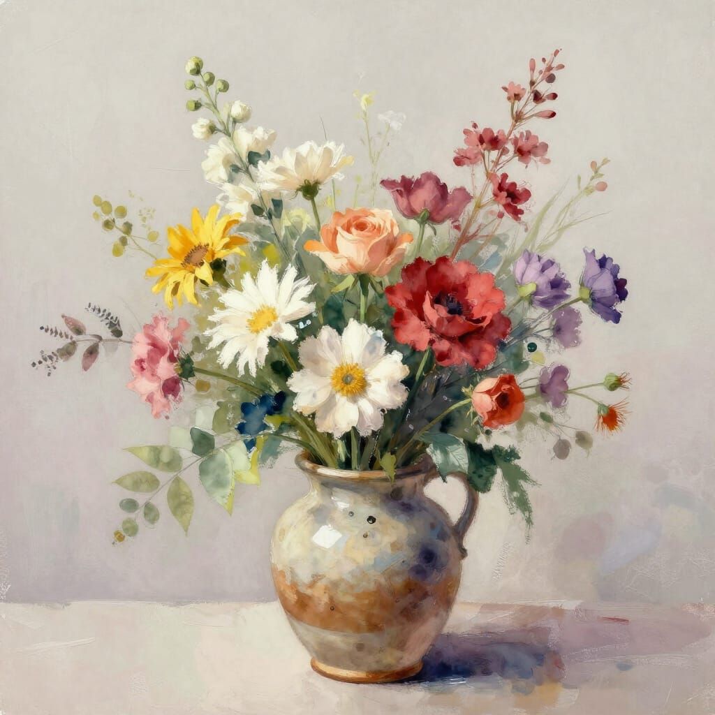 Vibrant Watercolor Flowers in Ceramic Vase