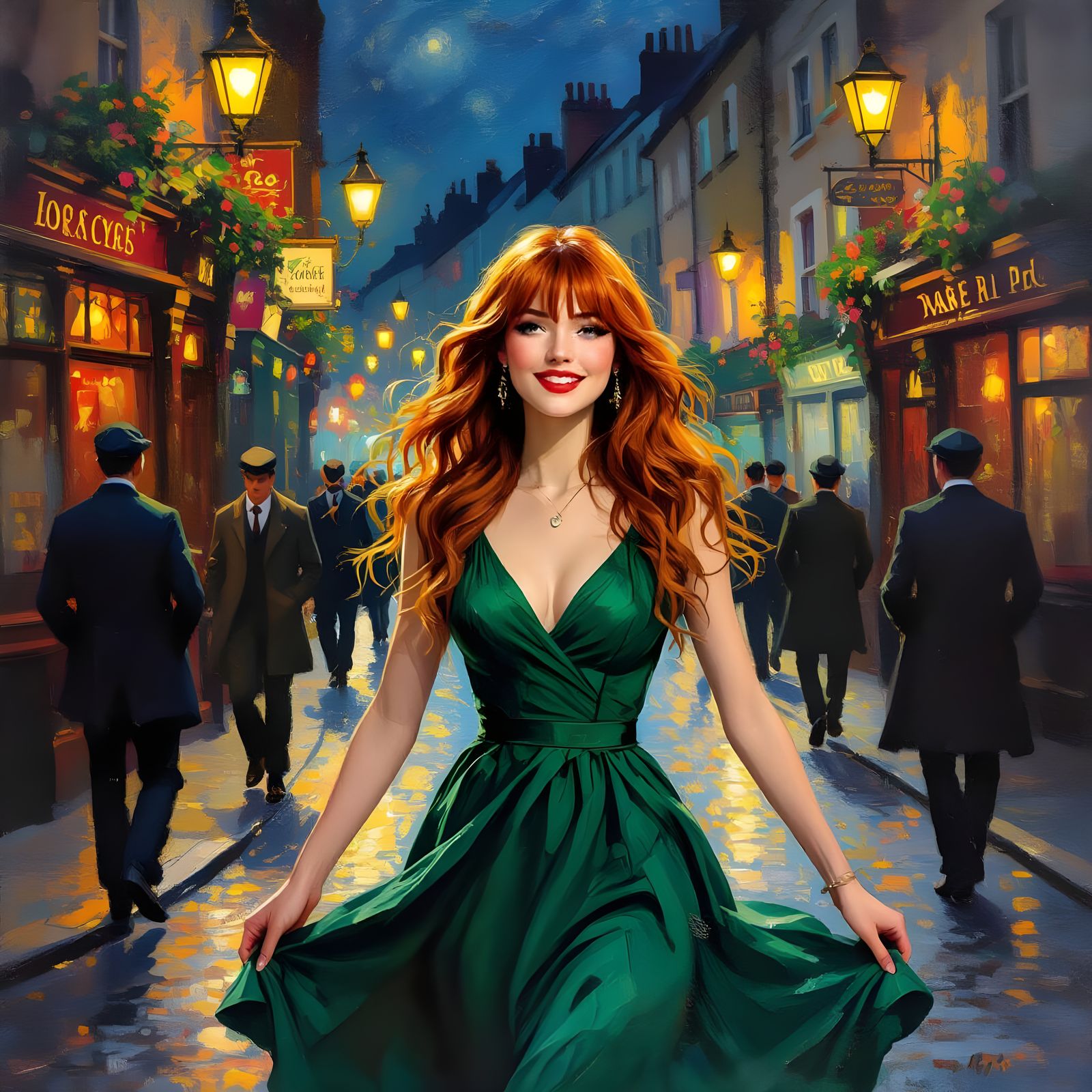 Irish Pub Scene with Red-Haired Dancer, Impressionistic Styl...