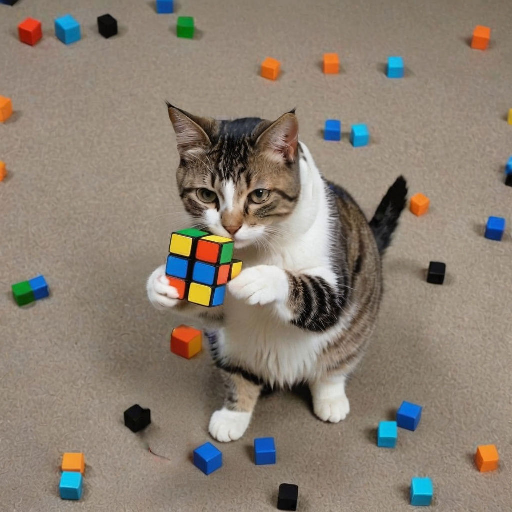 Cat Plays with Rubik's Cube: A Digital Art