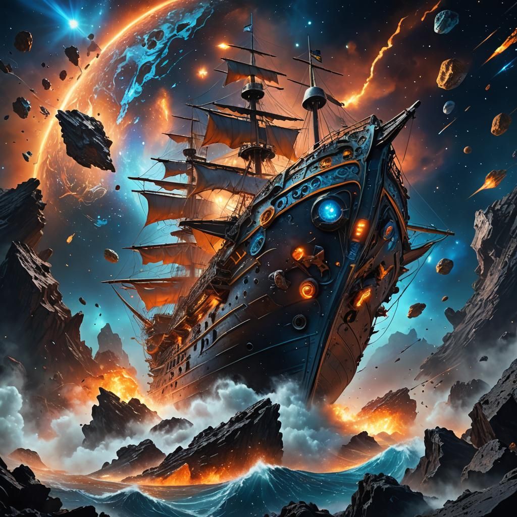 Cosmic Pirate Ship in Space Opera Style
