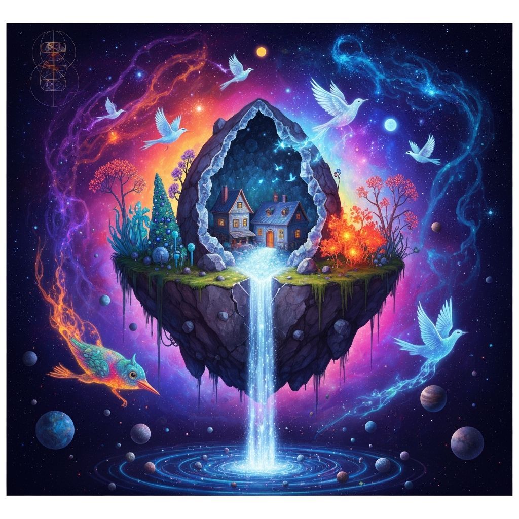 Sapphire House on Floating Island with Cosmic Birds