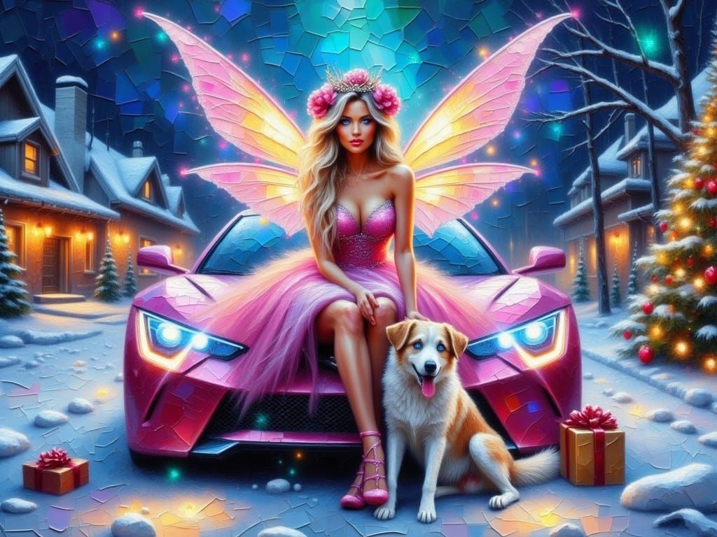 Magical Pink Cadillac Scene in Impasto Style