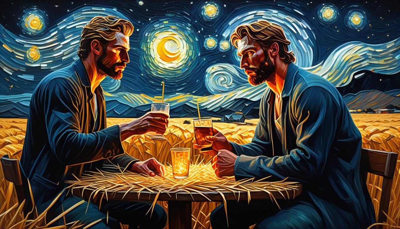 Romantic Midnight Toast Under Starry Sky as Oil Painting