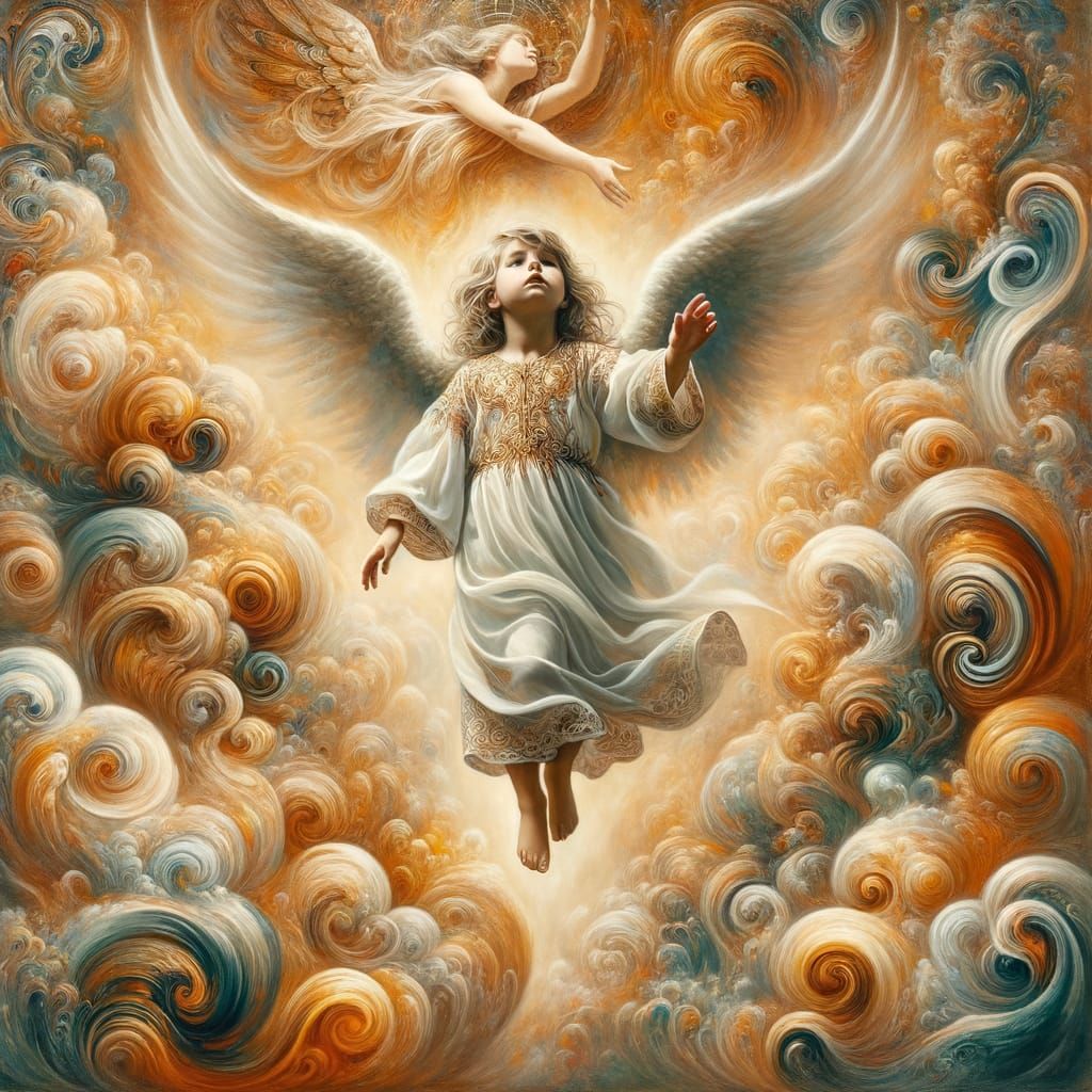 Symbolist Painting of Middle-Eastern Child Ascending to Heav...