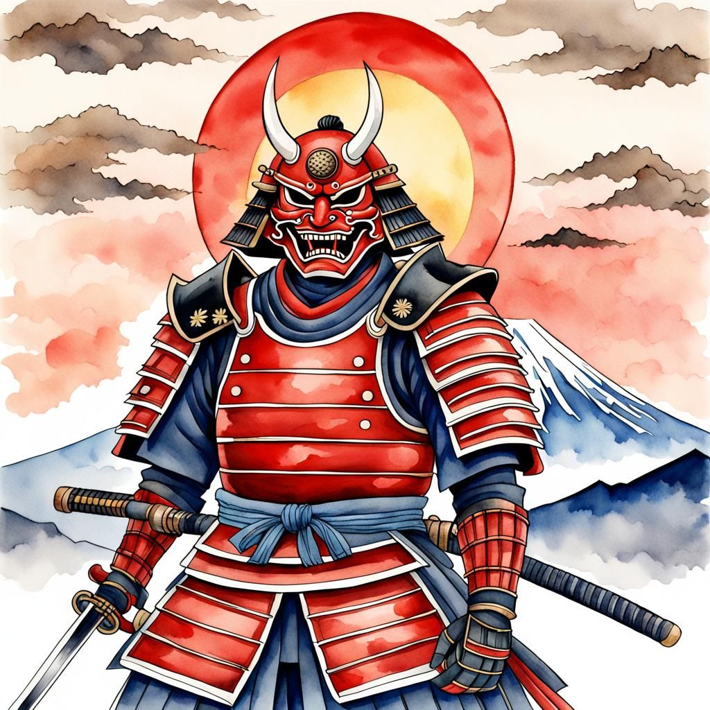 Samurai Warrior with Mount Fuji: Watercolor Style
