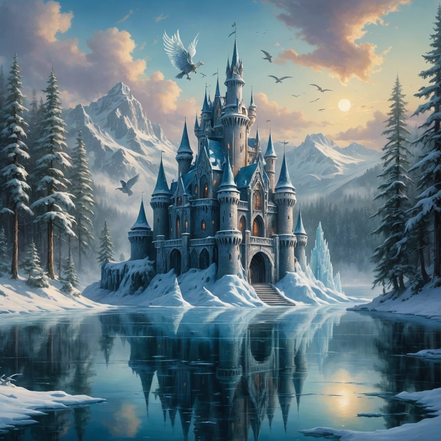 Ethereal Ice Castle with Griffin in Frozen Landscape