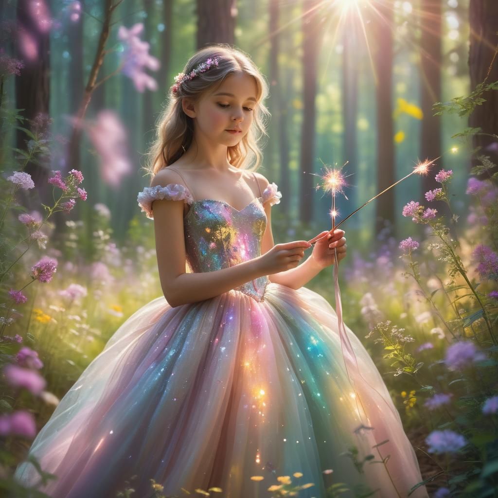 Girl with Wand in Sunlit Forest, Impressionist Art