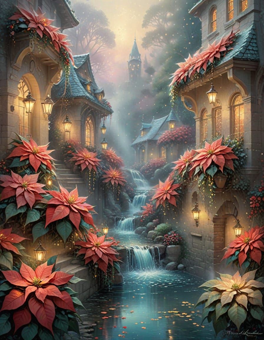 Ethereal Poinsettia Cascade in Fairytale Watercolor Style