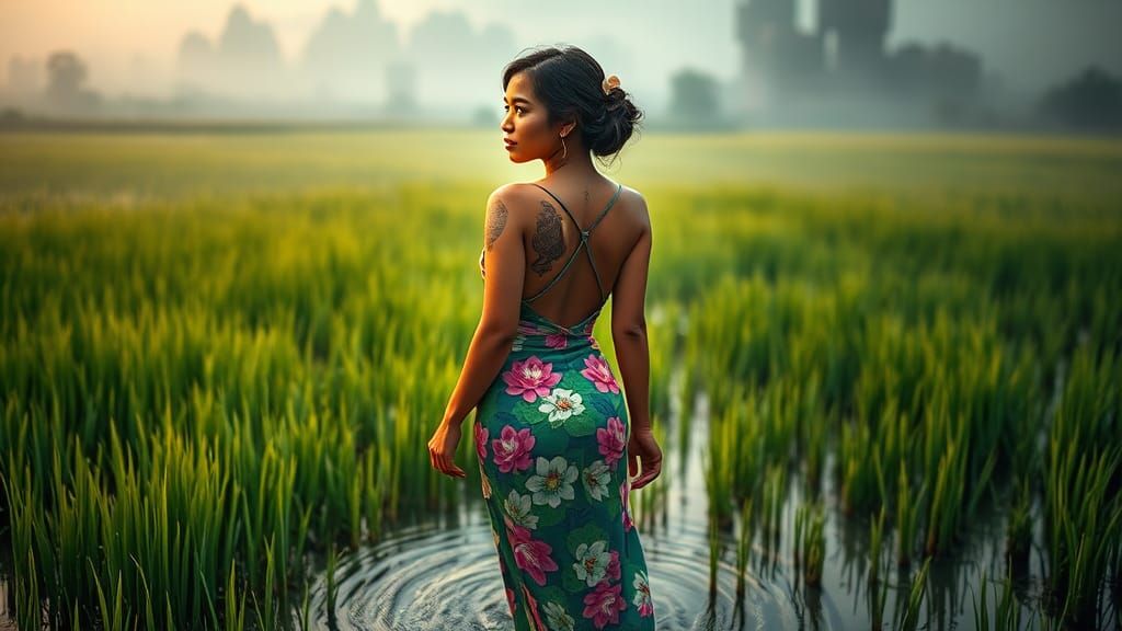 Southeast Asian Beauty in Misty Rice Paddy