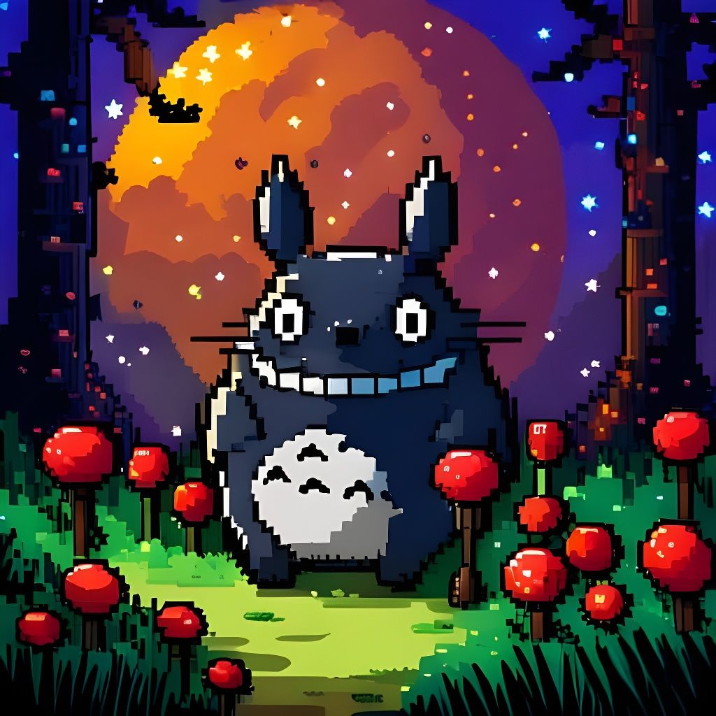Cute Totoro in Enchanted Forest: 2D Pixel Art