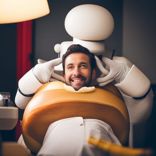 Man in a hot dog costume visiting the dentist